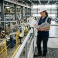 Arbejdsmiljøkonsulent gennemgår dokumentation for arbejdsmiljøcertificering på en arbejdsplads