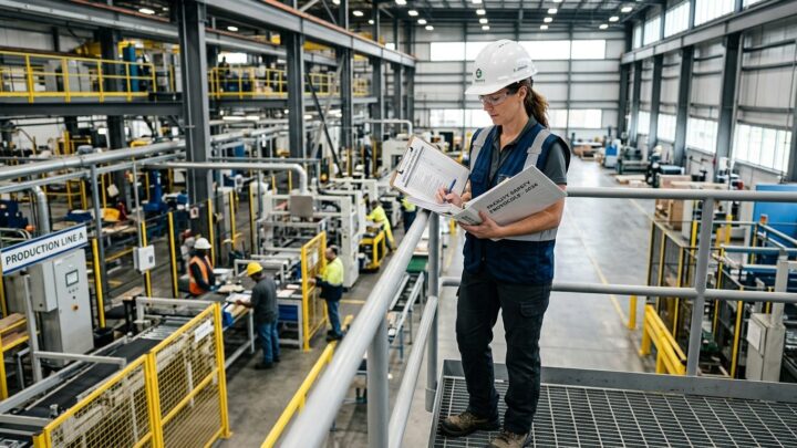 Arbejdsmiljøkonsulent gennemgår dokumentation for arbejdsmiljøcertificering på en arbejdsplads