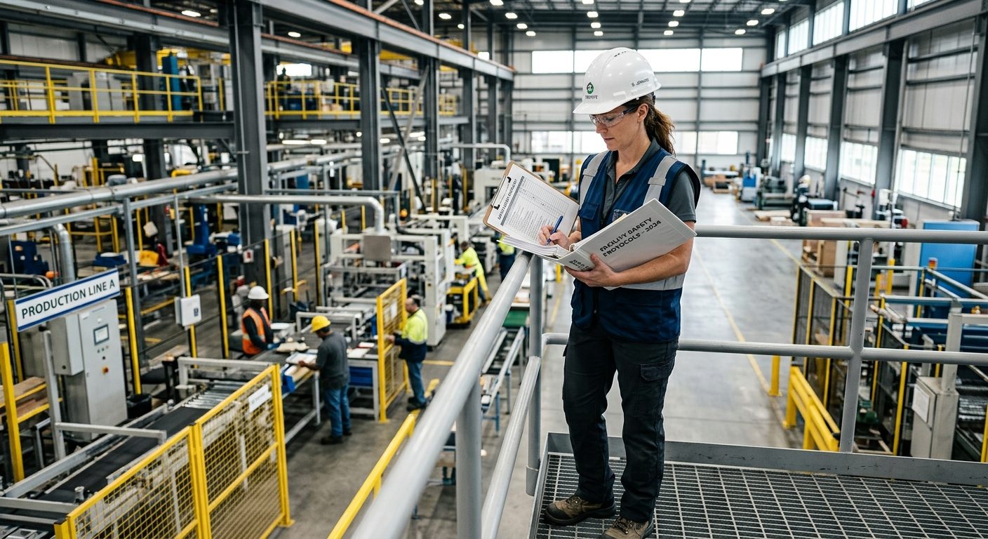 Arbejdsmiljøkonsulent gennemgår dokumentation for arbejdsmiljøcertificering på en arbejdsplads