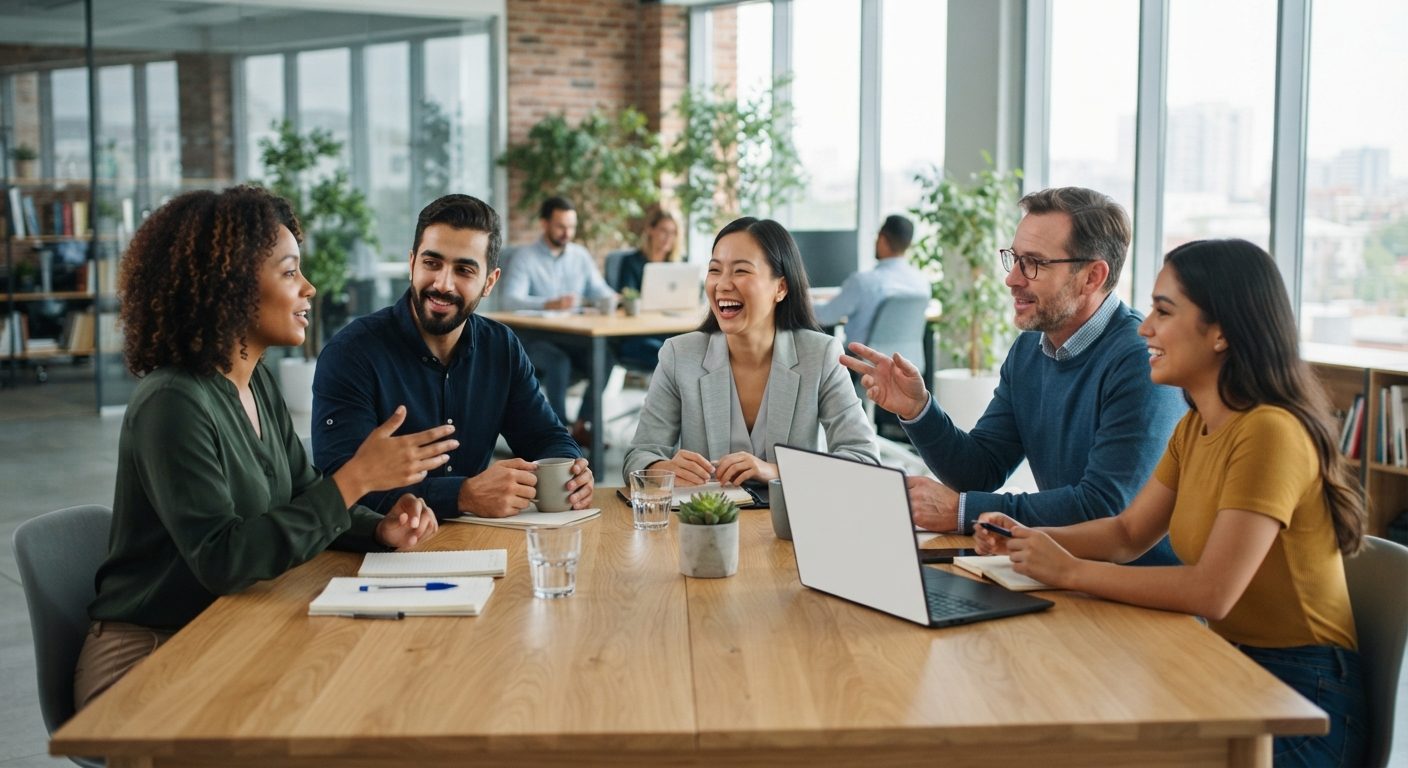 Medarbejdere i åben dialog på arbejdspladsen som eksempel på psykologisk tryghed
