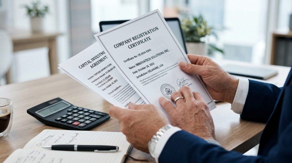 Close-up of businessmans hands holding company registration