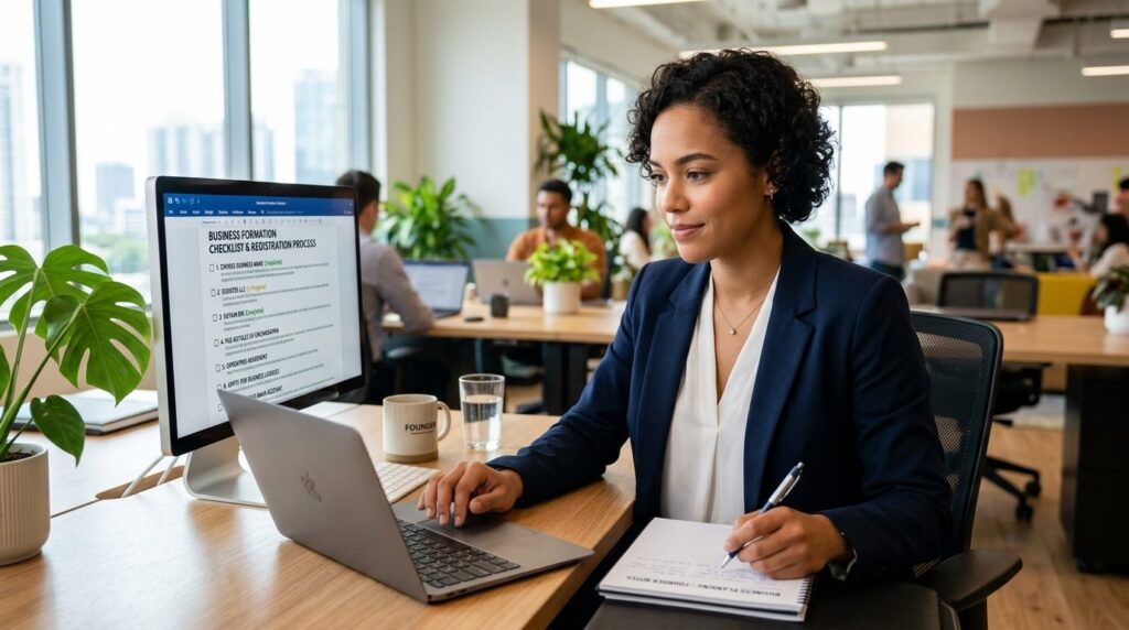 Female entrepreneur looking at computer screen with business