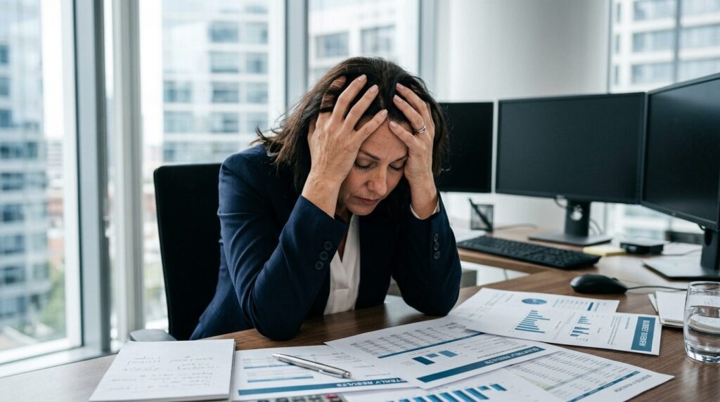 Close-up of business leaders hands holding head in frustrat