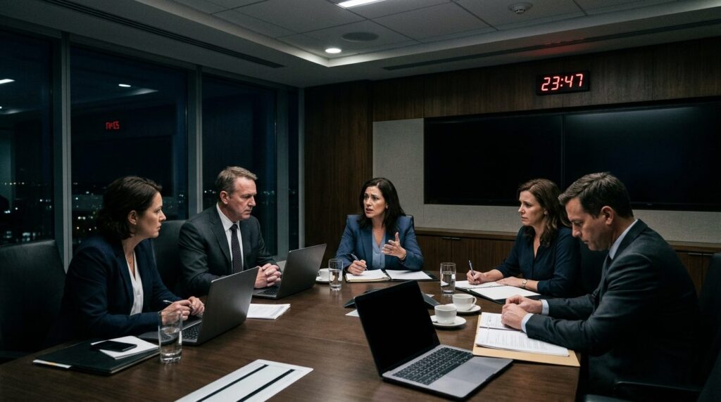 Wide shot of corporate conference room during crisis meeting