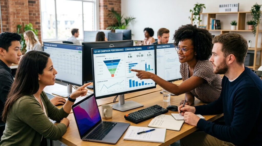 Close-up of diverse in-house marketing team collaborating at