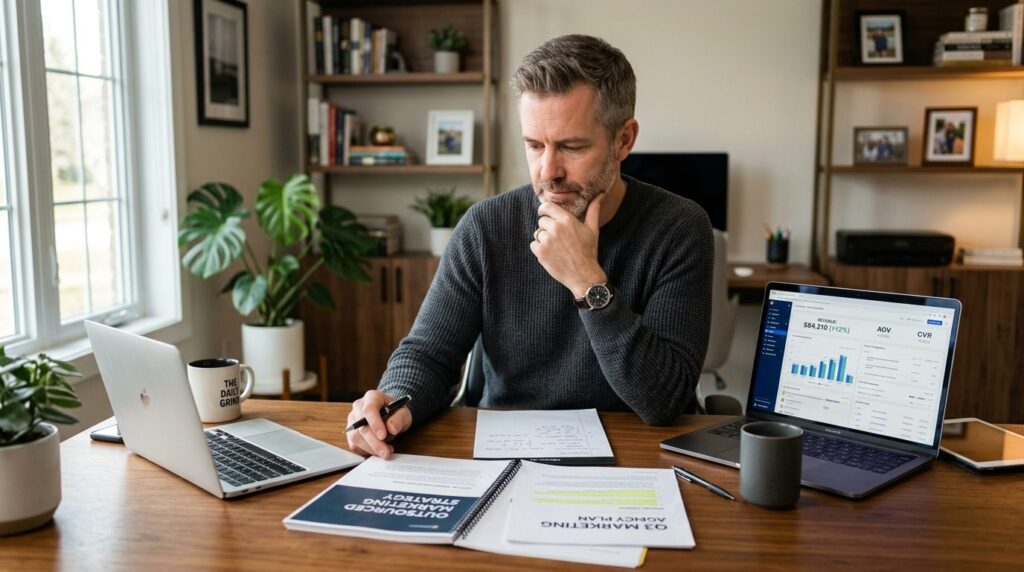 Business owner or manager sitting at desk reviewing outsourc