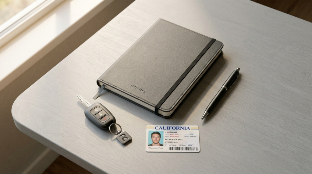 Overhead flat lay composition showing a drivers license, ca