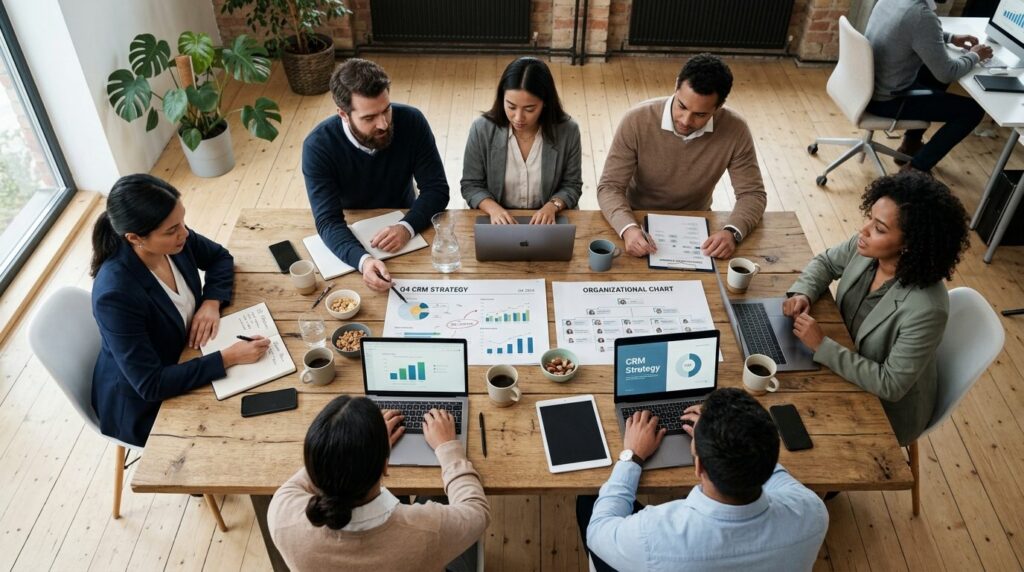Overhead flat lay photography of a team meeting with busines