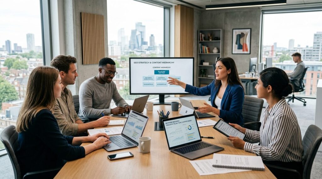 Team of young professionals in a modern agency boardroom col