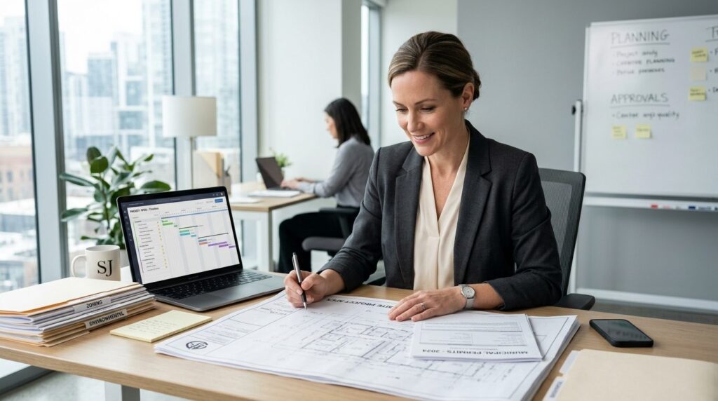 Confident female business consultant reviewing building perm