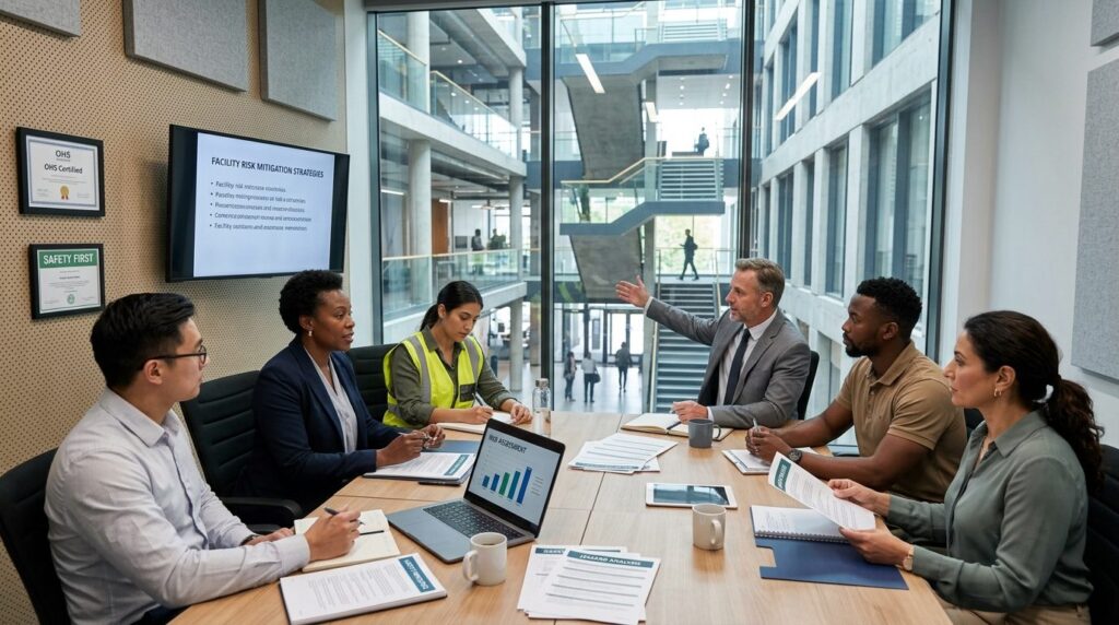 Diverse team of workplace safety professionals and facility 