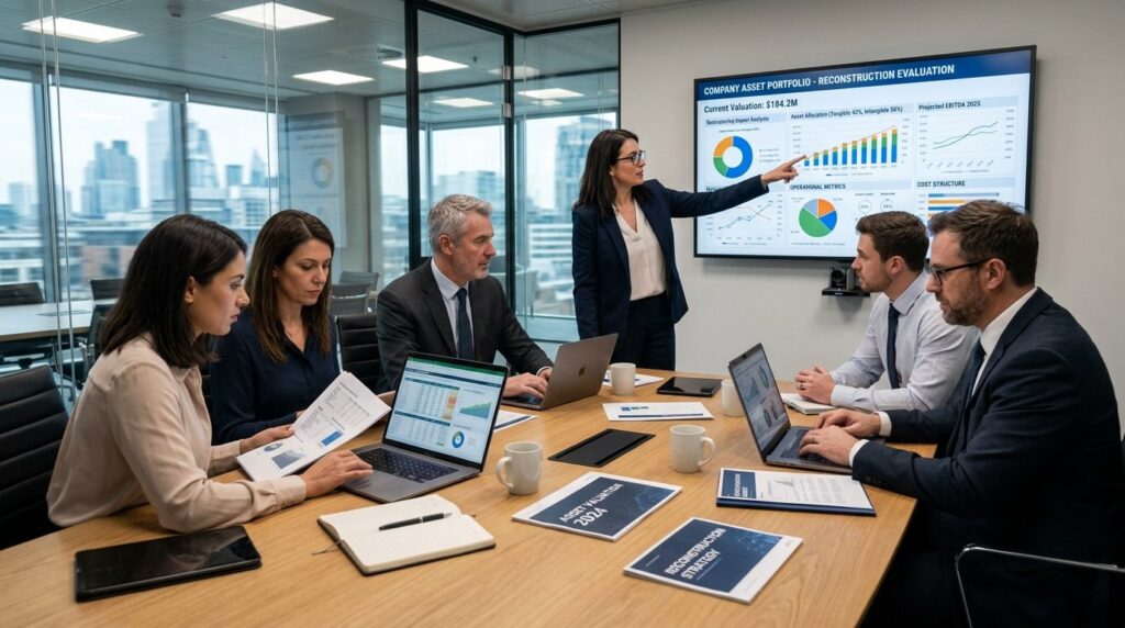 Team of business advisors in conference room examining compa