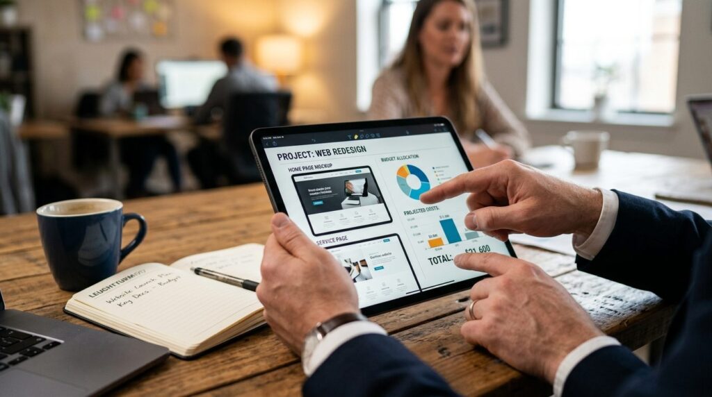 Close-up of business professionals hands pointing at tablet