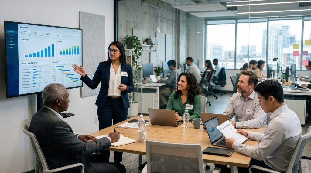 Diverse leadership team in startup office environment, woman