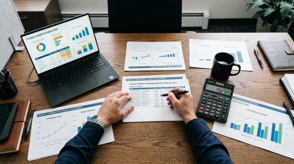 Overhead view of a male IT managers desk showing salary rev