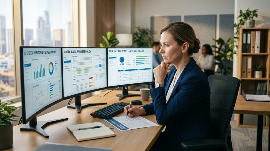 Photorealistic image of a middle manager sitting at a modern