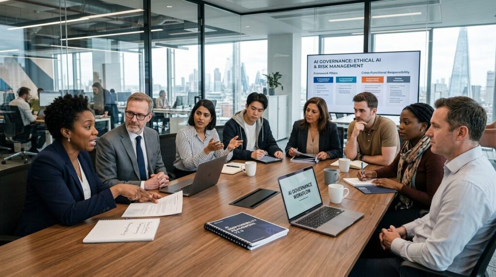 Photorealistic image of a cross-functional team of professio