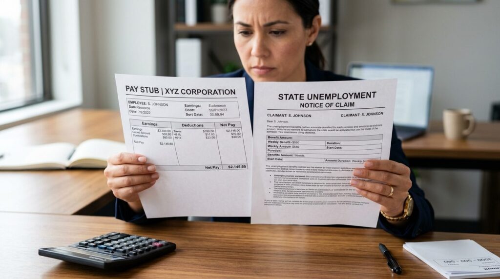 Close-up of female executives hands holding a pay stub and 