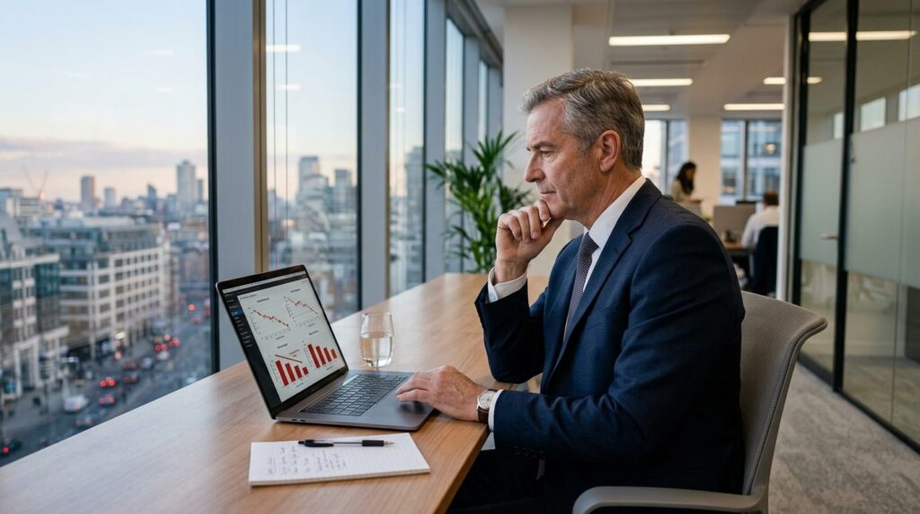 Senior manager in business attire sitting by window in moder