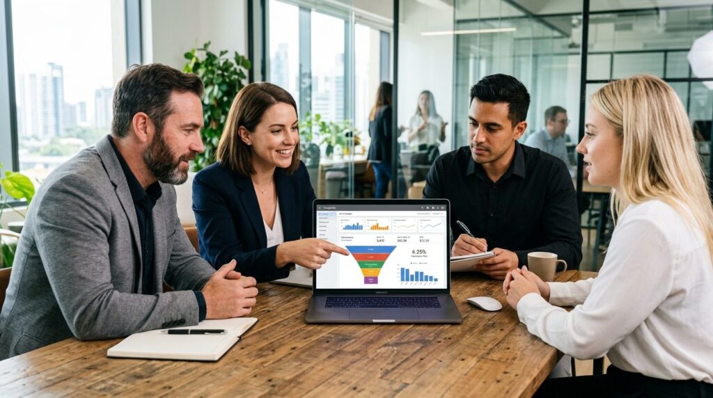 Close-up of business professionals collaborating around a de
