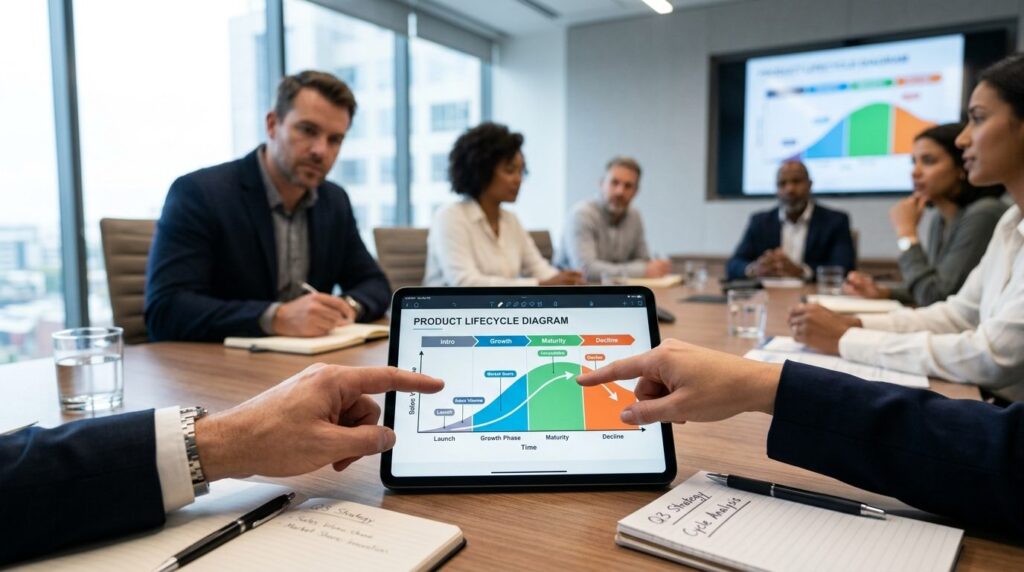 Close-up of executive hands pointing at product lifecycle di