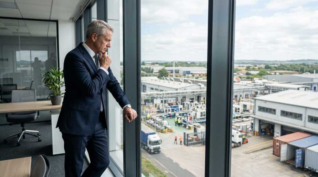 Senior business manager standing thoughtfully by window look