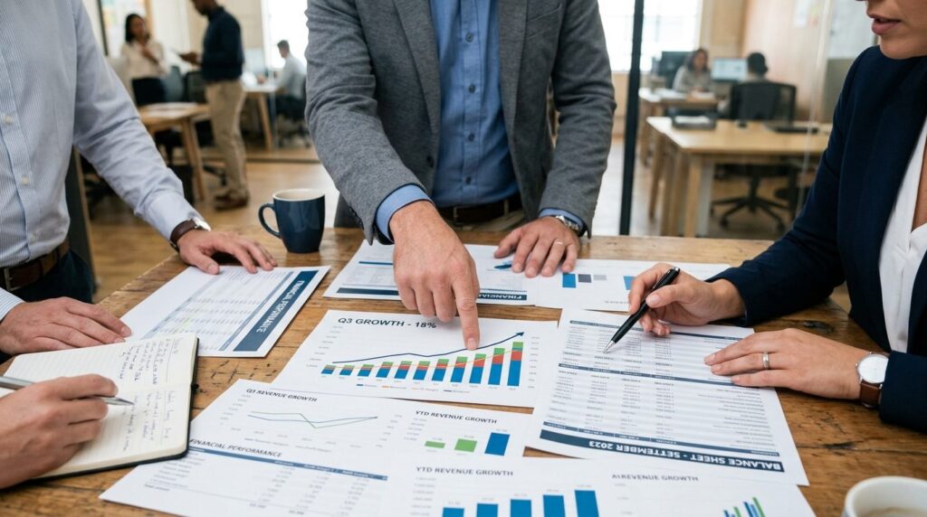 Close-up of business professionals reviewing financial docum