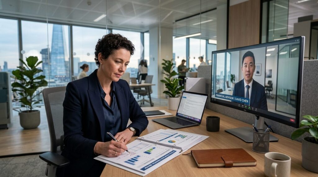 Female business leader at her desk reviewing strategic finan