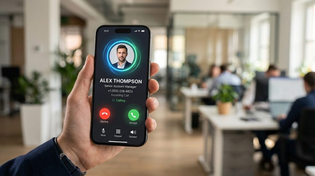 Close-up of business phone call interface on mobile device, 