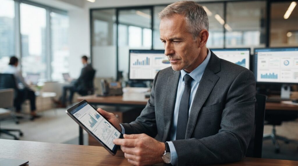 Close-up photograph of a senior male business leader in suit