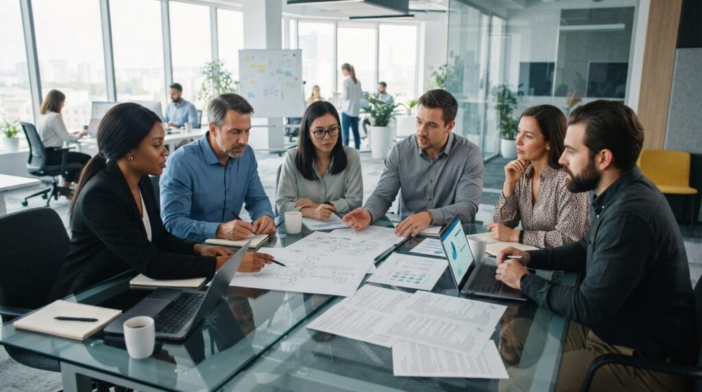 Wide-angle photograph of a diverse team of compliance and op