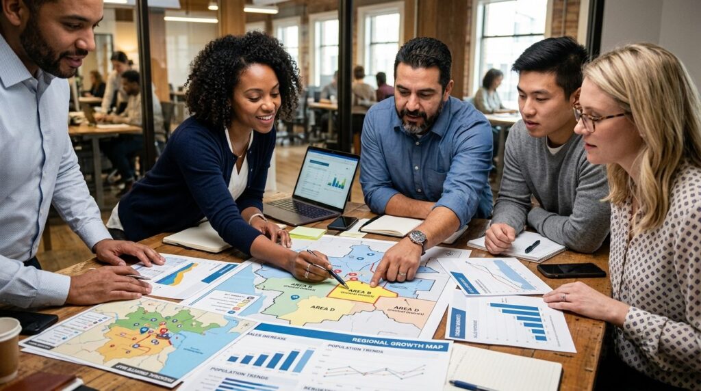Close-up of business team collaborating around table with lo