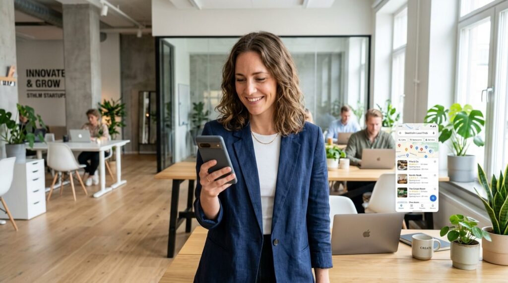 Female entrepreneur in modern startup office looking at smar