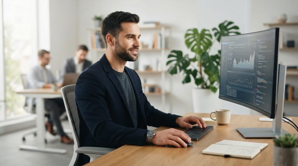 Close-up photograph of a male office worker at his desk look