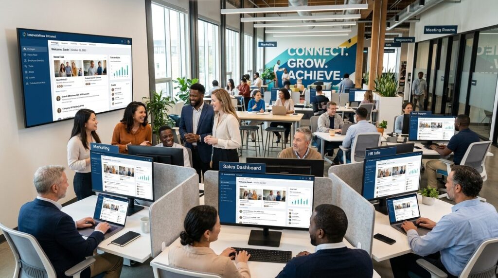 Wide-angle photograph of a modern company intranet portal di