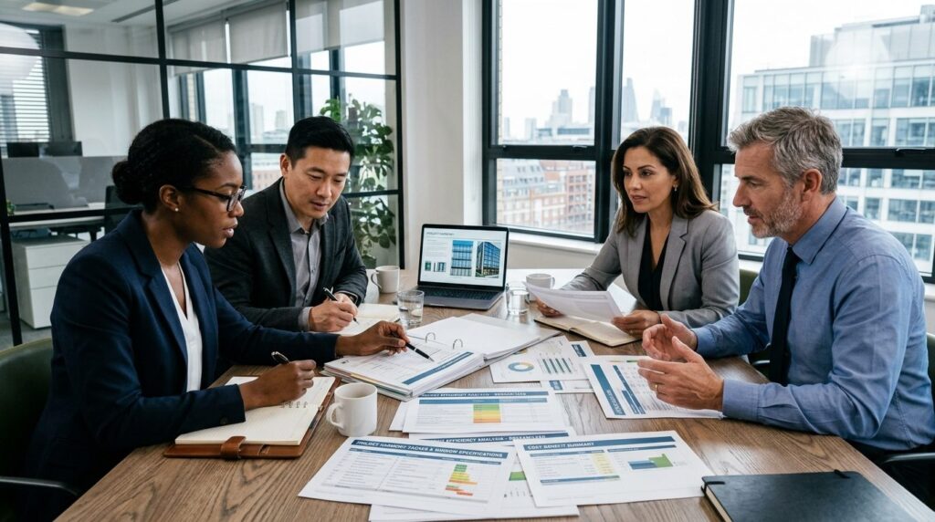 Close-up photograph of a business meeting in a contemporary 