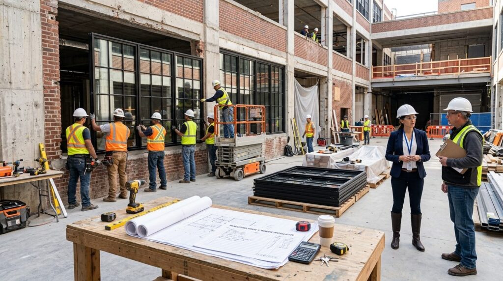 Wide-angle photograph of a commercial renovation site with m