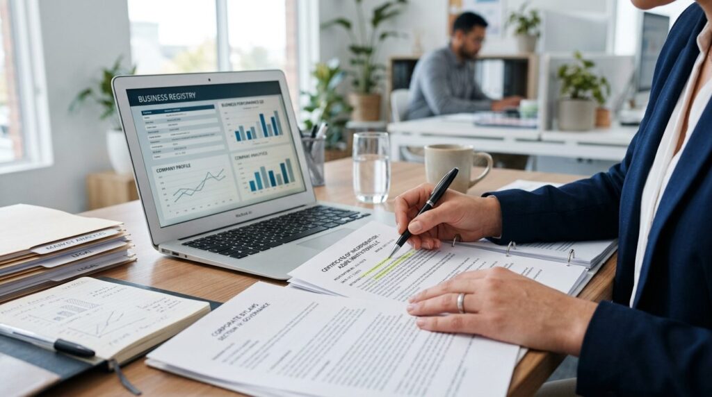Close-up of hands reviewing business registry information an