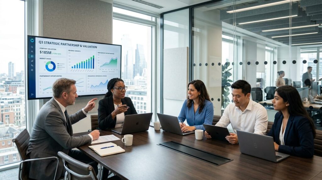 Business team in meeting room discussing company evaluation 