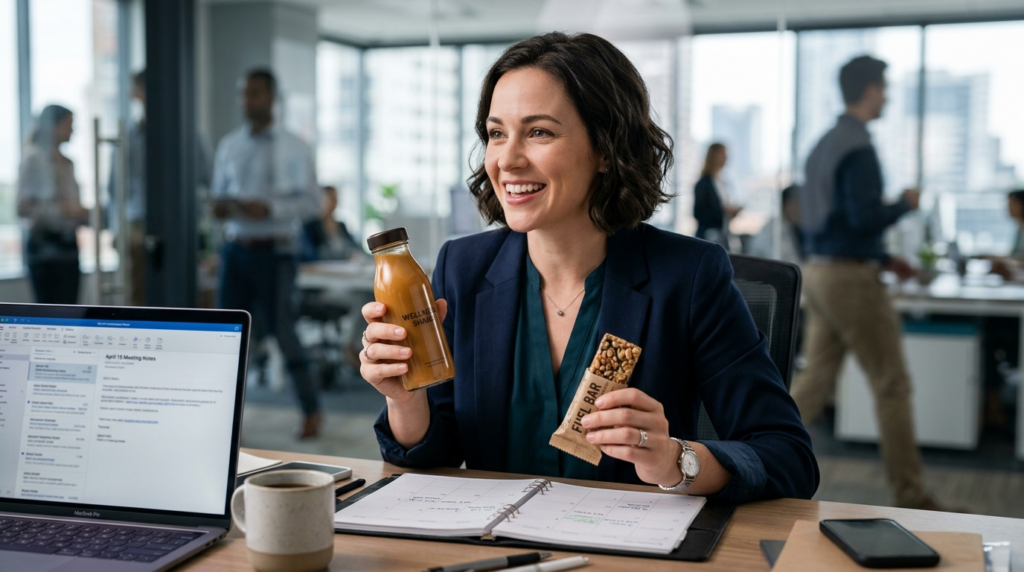 Close-up professional photograph of an energetic female exec
