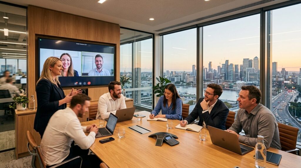 Wide-angle photograph of a sales team in a modern conference