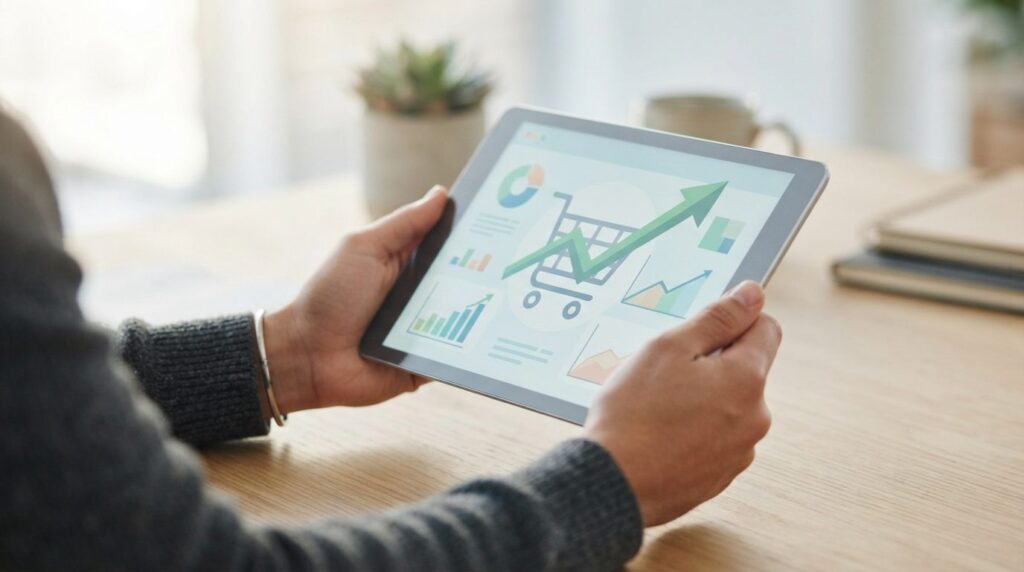 Close-up of hands holding tablet displaying shopping cart wi