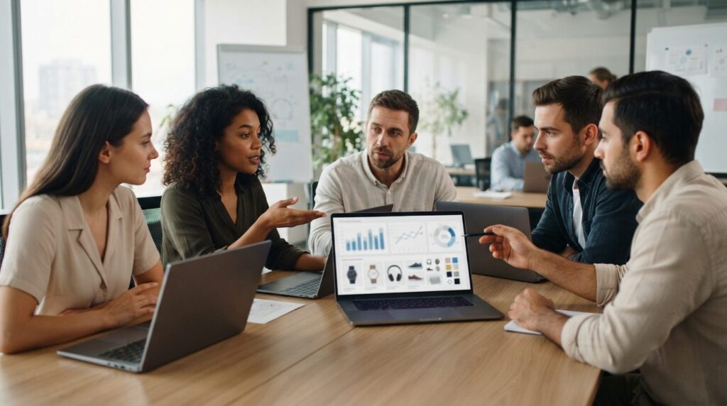 Marketing team in collaborative meeting around table with la
