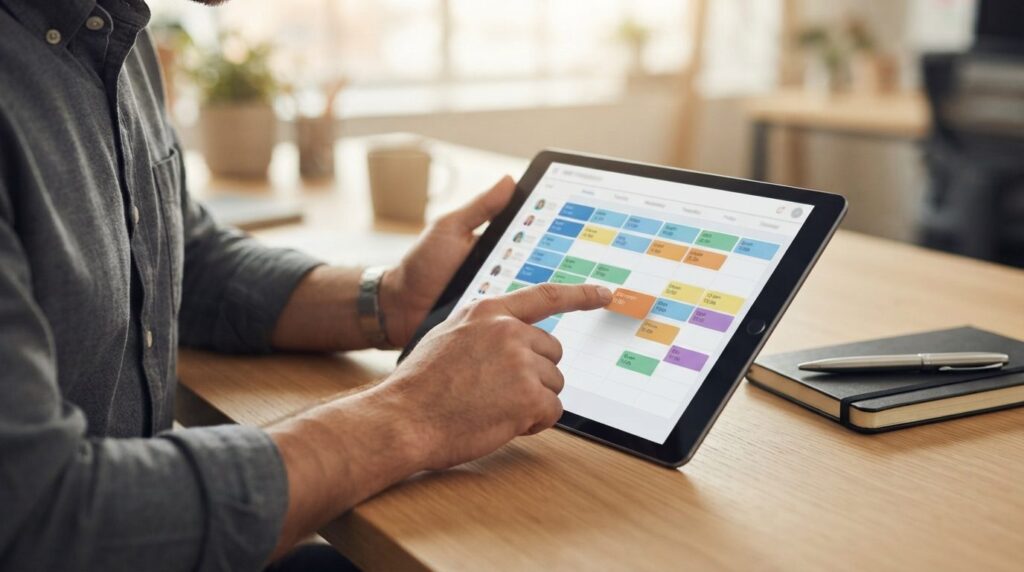 Close-up photograph of a managers hands using a tablet devi