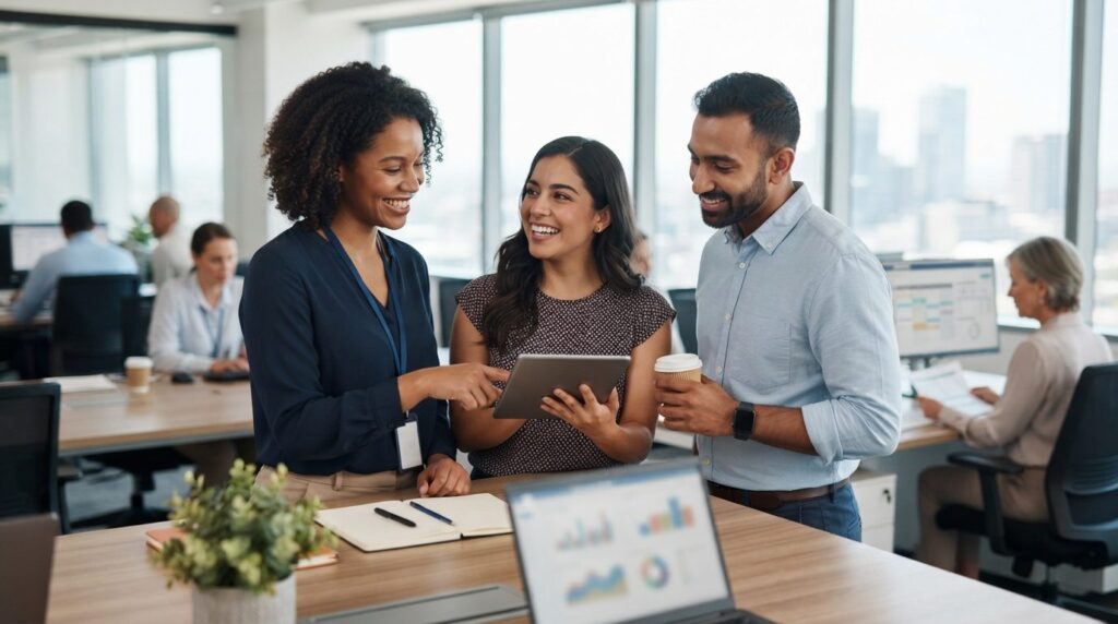 Photorealistic image of three employees from different depar