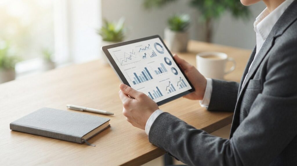 Close-up of hands holding tablet displaying website traffic 