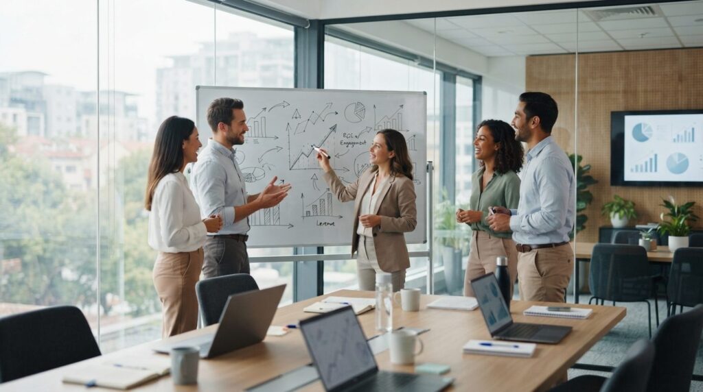 Team of marketing professionals in meeting room discussing R