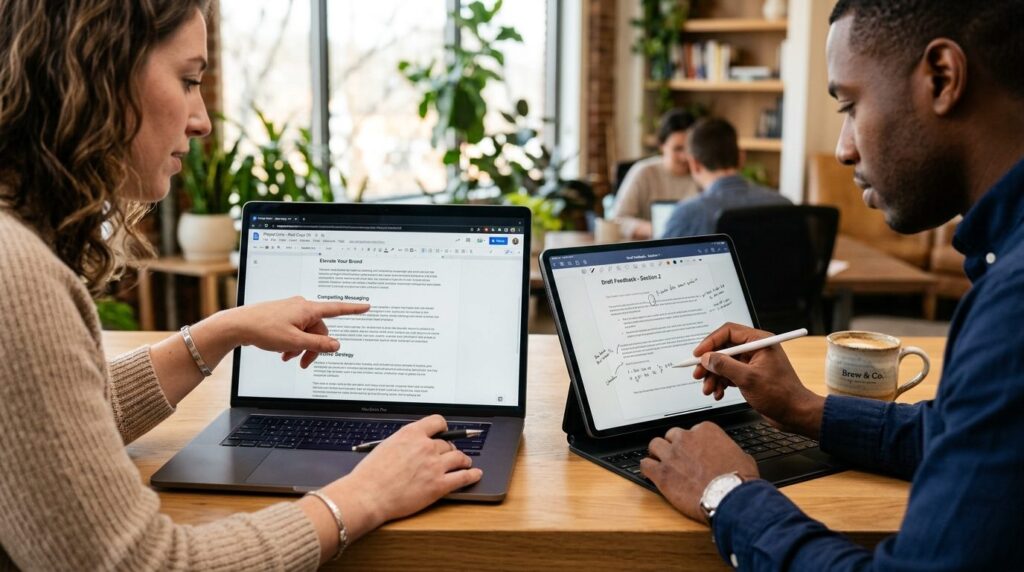 Close-up of hands collaborating over laptop and tablet showi