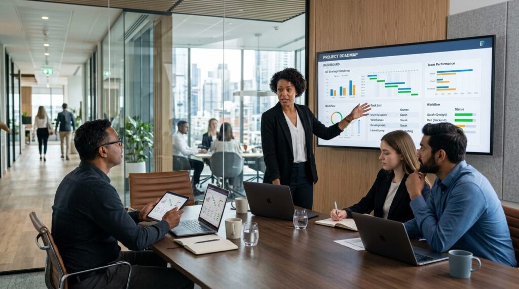 Business team in conference room looking at project manageme