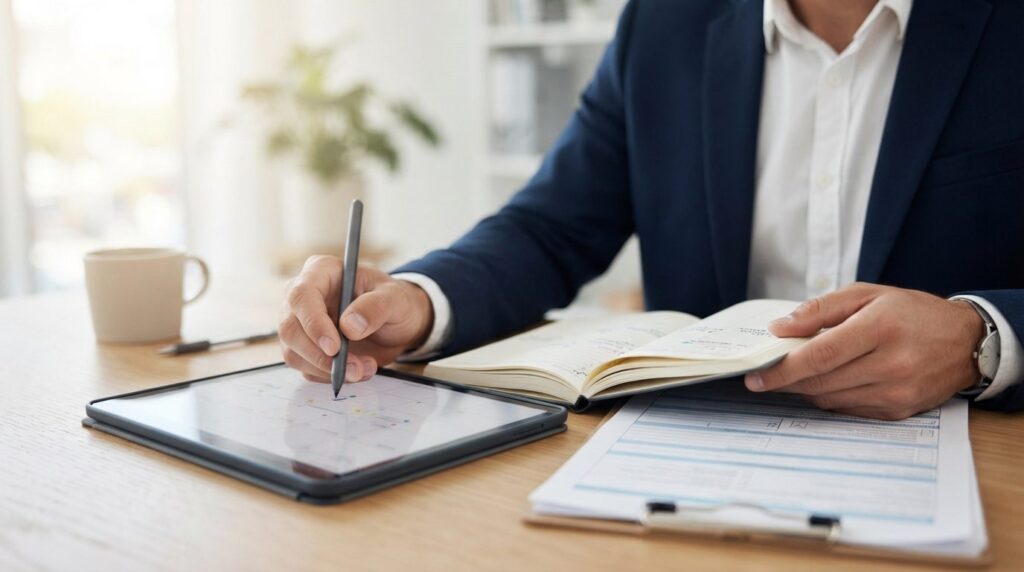 Close-up of a professional mans hands organizing a paper ca